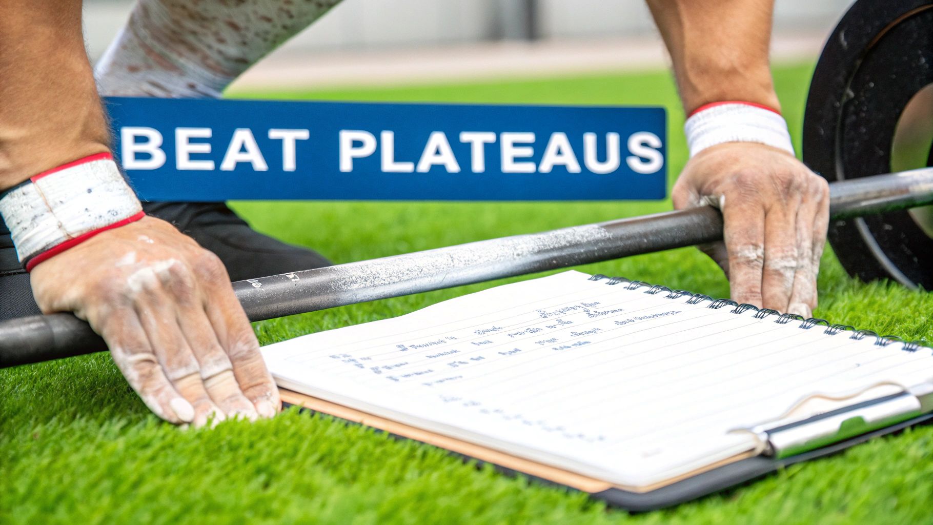 A person's chalked hands grip a barbell on artificial grass, with a workout notebook and a 'BEAT PLATEAUS' sign.