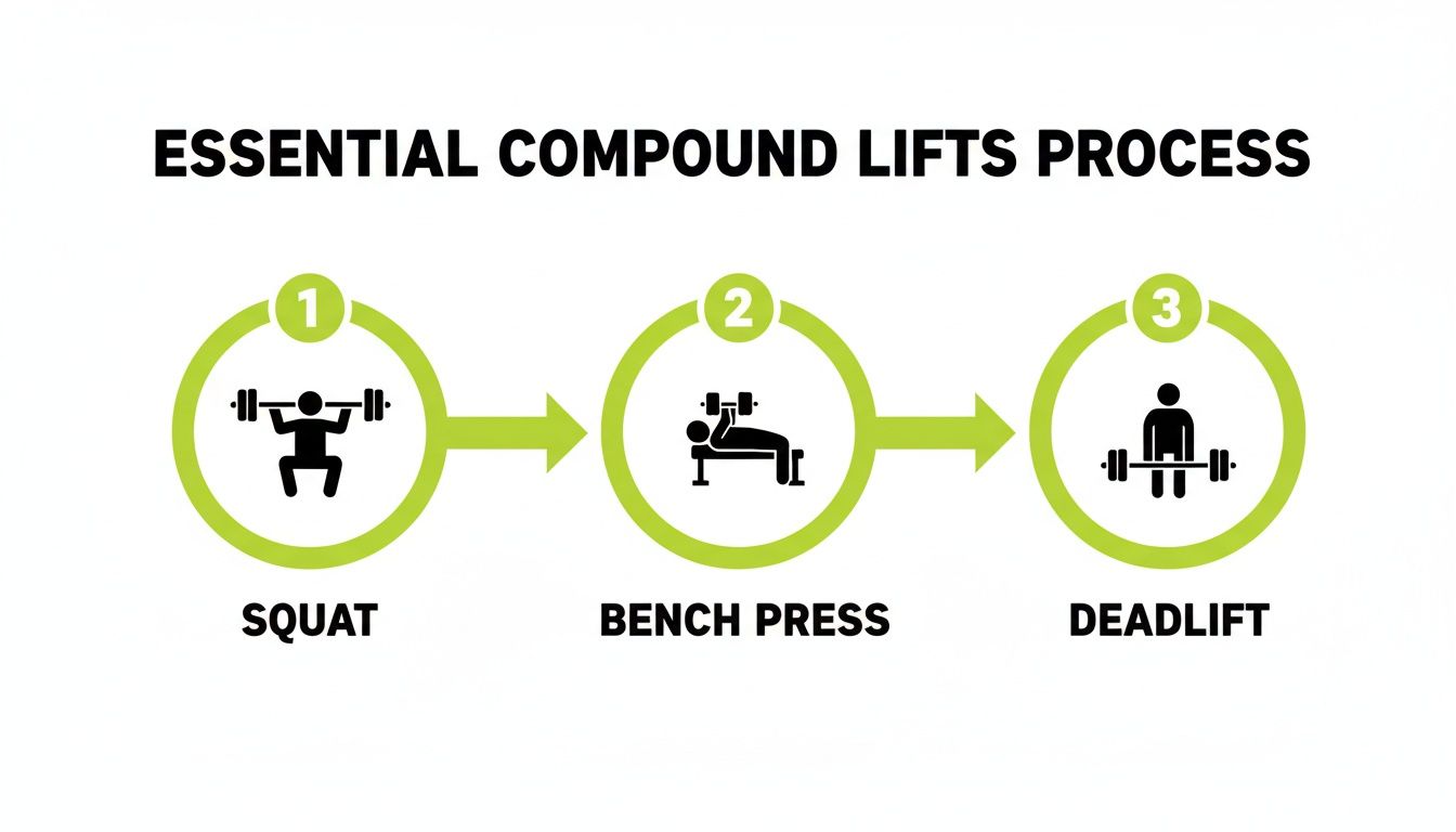 Visual process of essential compound lifts: Squat, Bench Press, and Deadlift, numbered one to three.