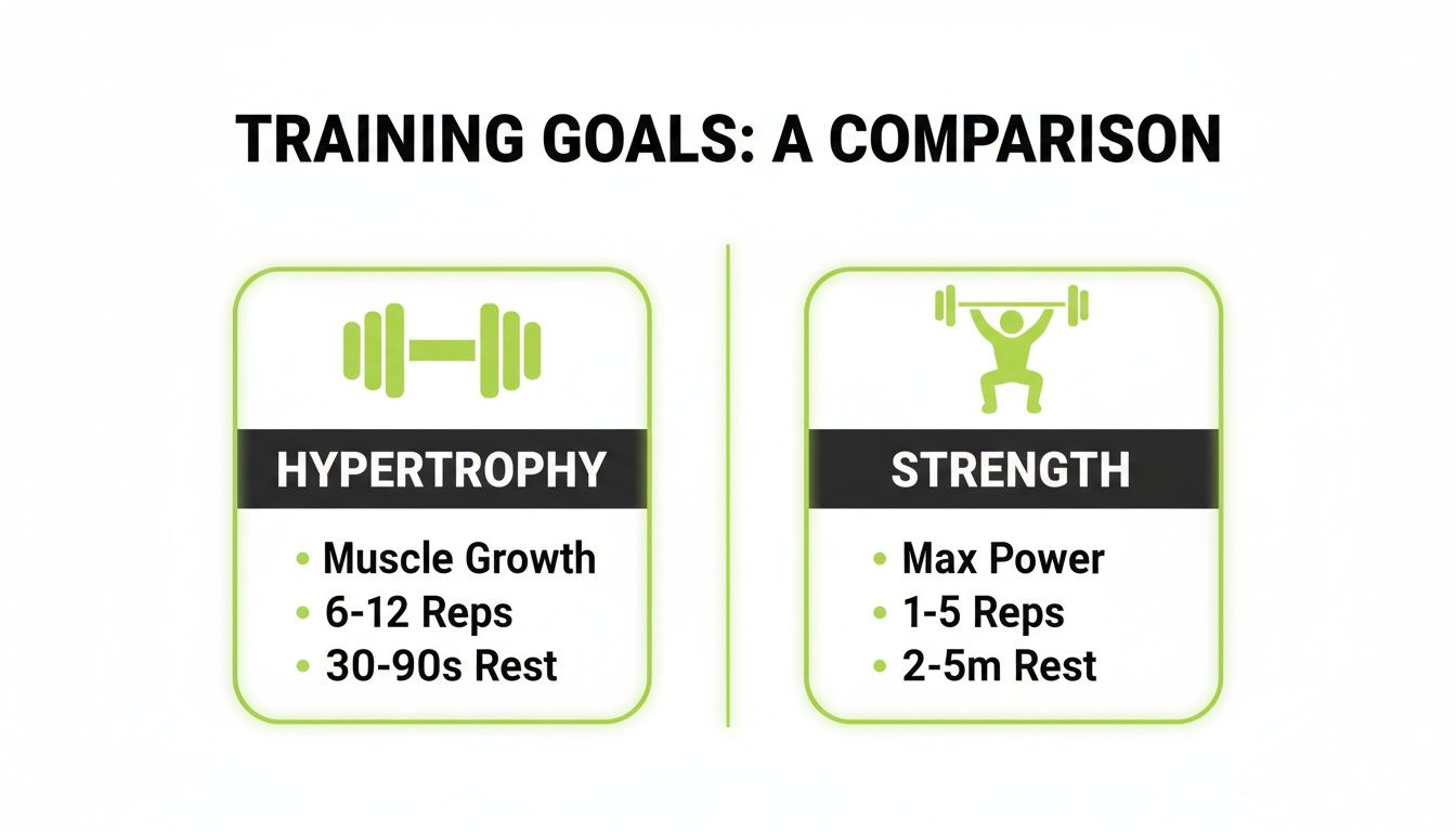 A comparison chart detailing hypertrophy vs. strength training goals, including reps and rest periods.