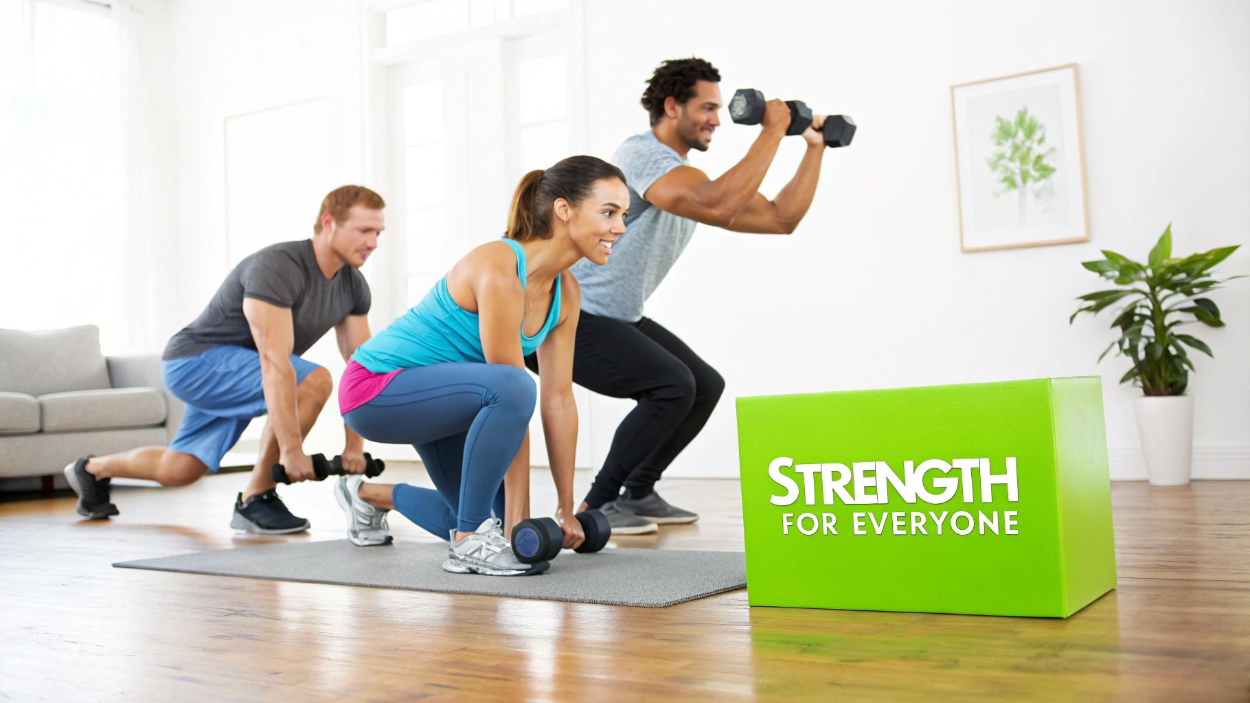 Three smiling people exercising with dumbbells in a bright living room, doing strength training.