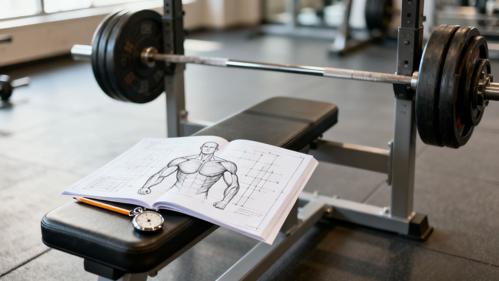 An open anatomy book with a pencil and stopwatch on a gym bench next to a heavy barbell.