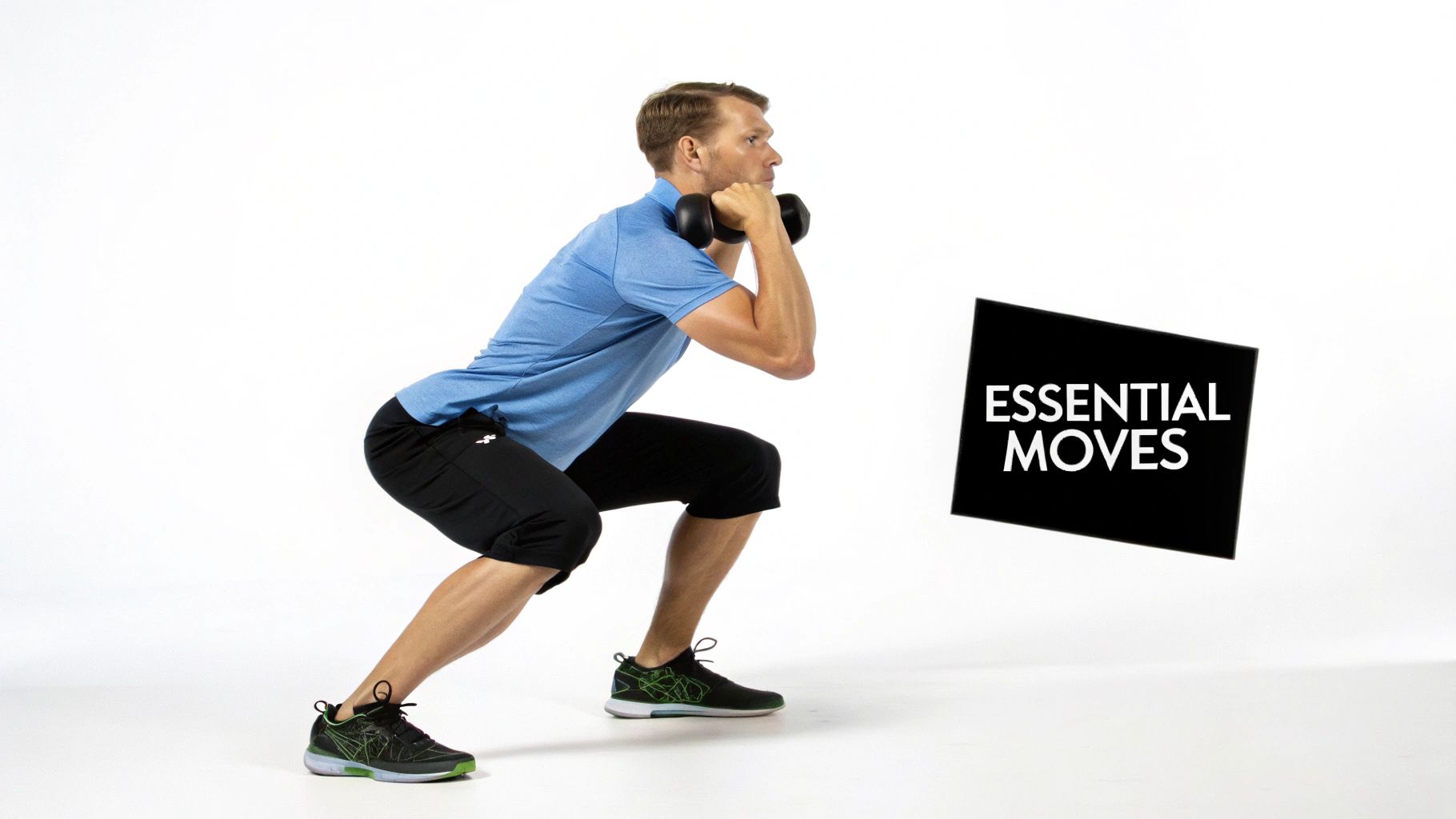 A man performs a goblet squat exercise holding a dumbbell, demonstrating a functional strength training move.