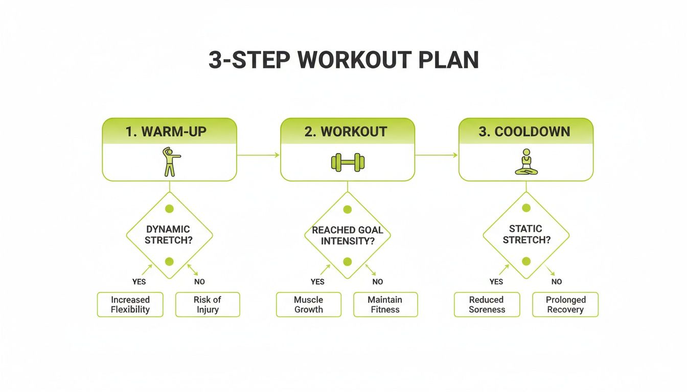Een stroomdiagram dat een trainingsplan in 3 stappen illustreert met de voordelen van warming-up, training en cooling-down.