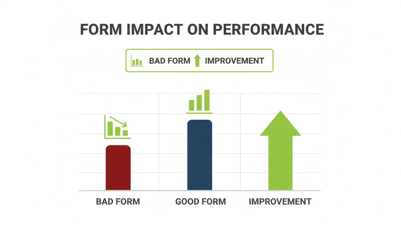 Een staafdiagram die de impact illustreert van een slechte uitvoering, een goede uitvoering en de algehele verbetering op de prestaties.