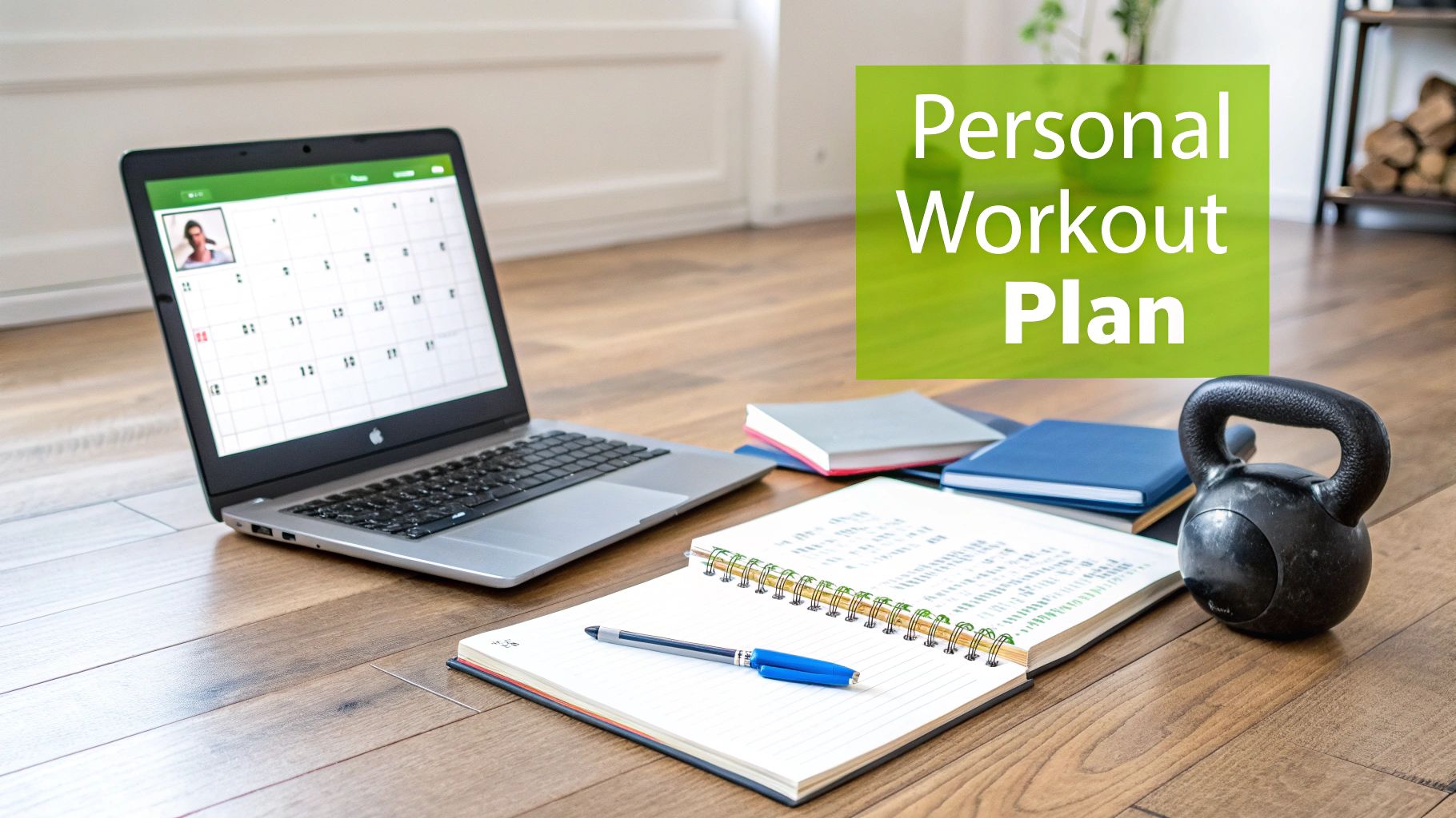 A laptop, notebook, pen, and kettlebell on a wooden floor, highlighting a 'Personal Workout Plan'.