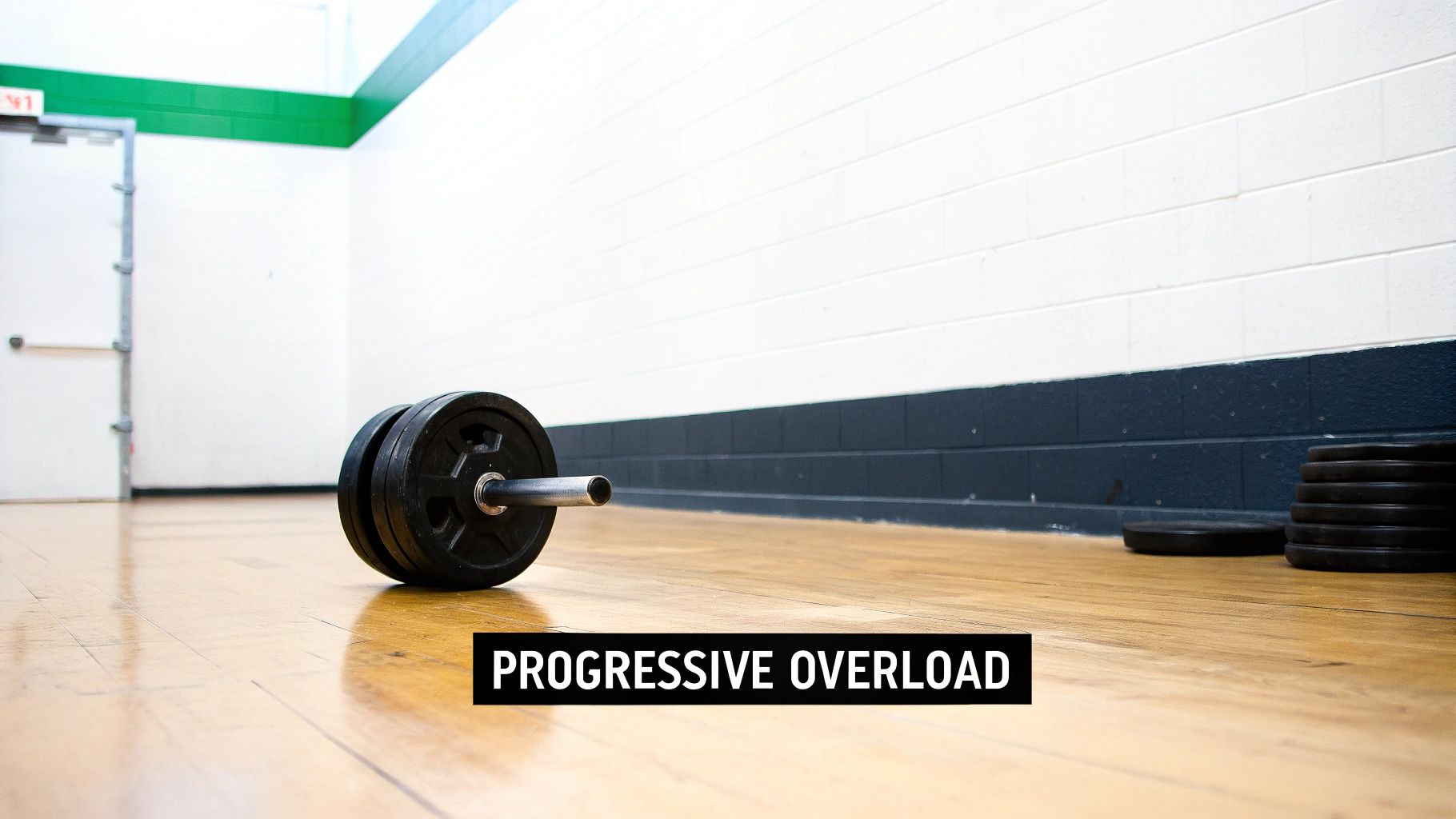 Barbell with plates on a wooden gym floor, representing the concept of progressive overload.