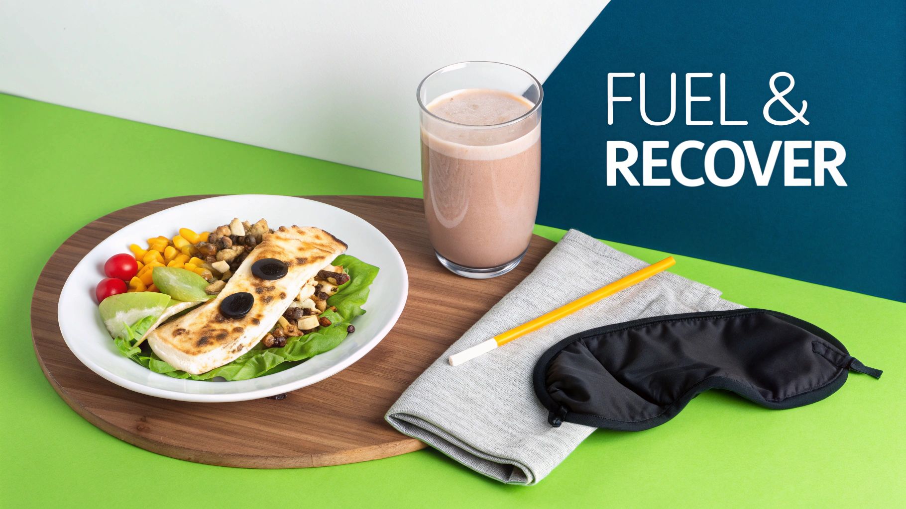 A balanced meal with flatbread, salad, corn, cherry tomatoes, and a chocolate protein shake, plus an eye mask, for fuel and recovery.