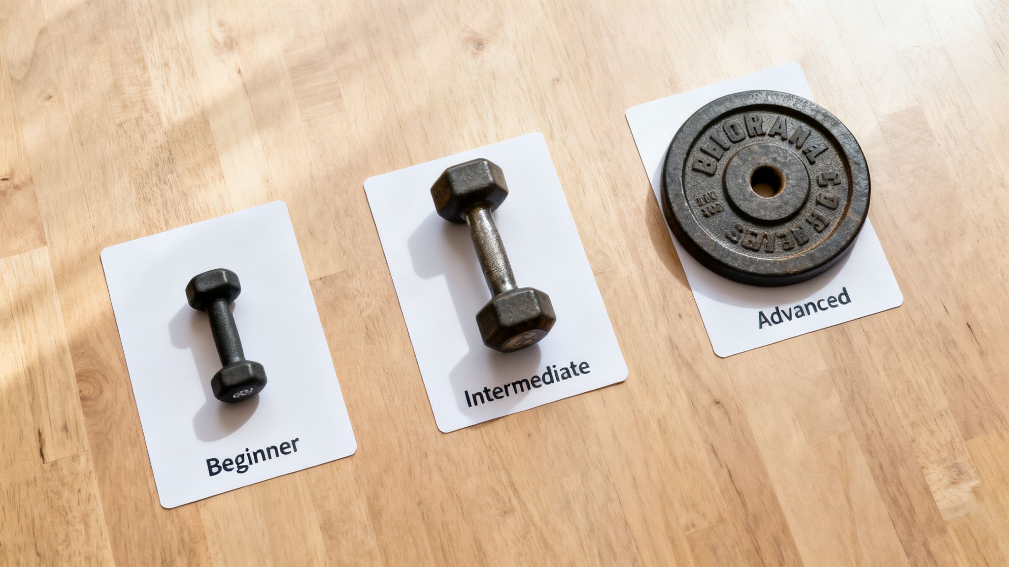 Drie kaarten met dumbbells en een gewichtsschijf illustreren de fitnessniveaus voor beginners, gevorderden en vergevorderden.