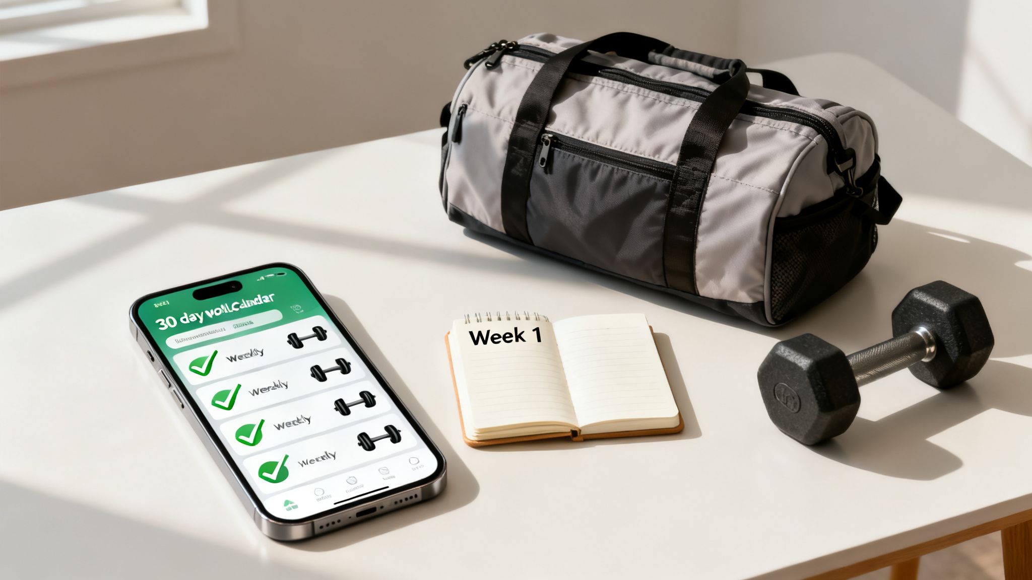 A fitness setup featuring a smartphone with a workout app, 'Week 1' notebook, gym bag, and dumbbell.