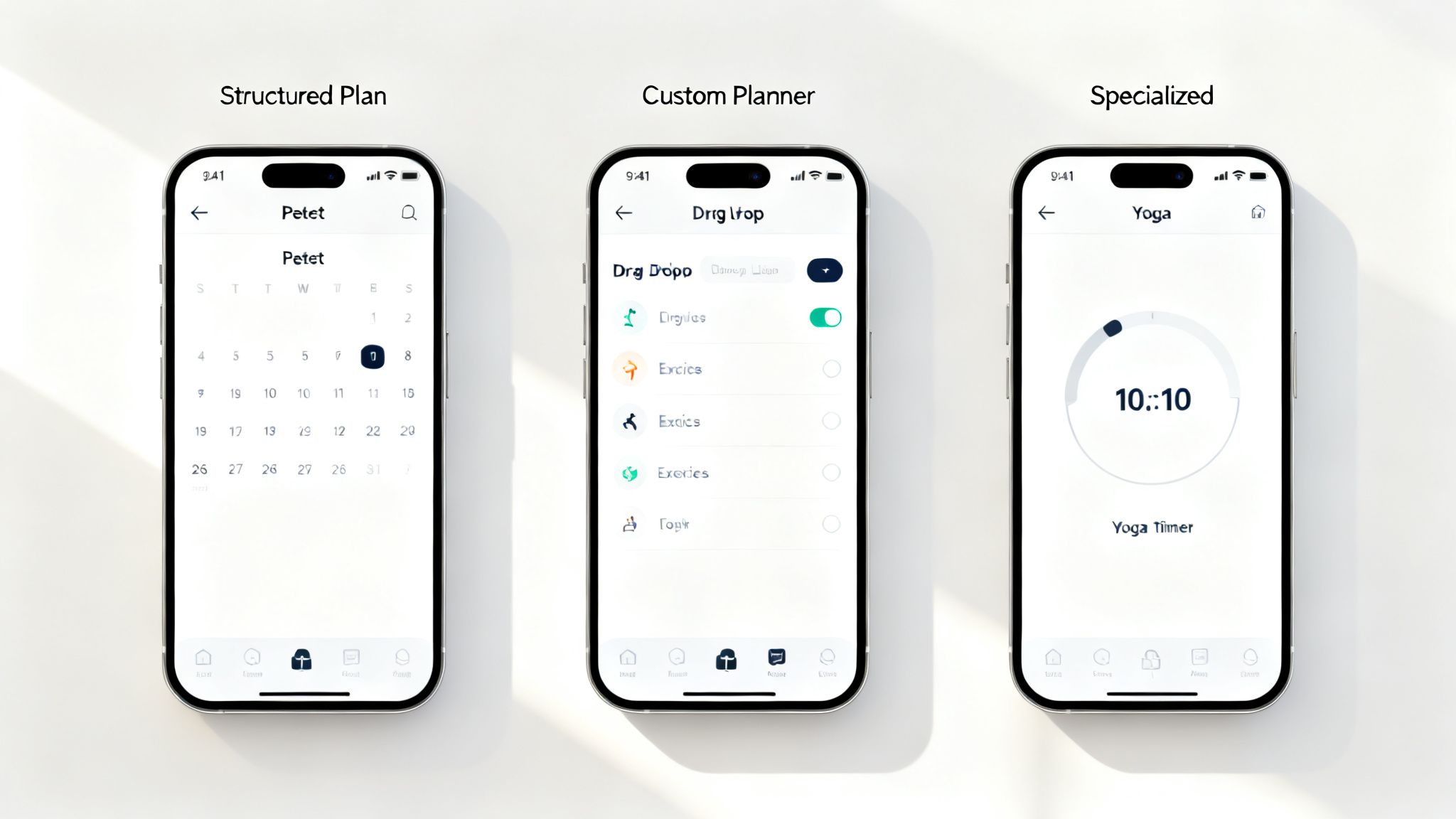 Screenshots of a workout application on iPhones, featuring structured plans, custom planners, and specialized timers for activities like yoga.