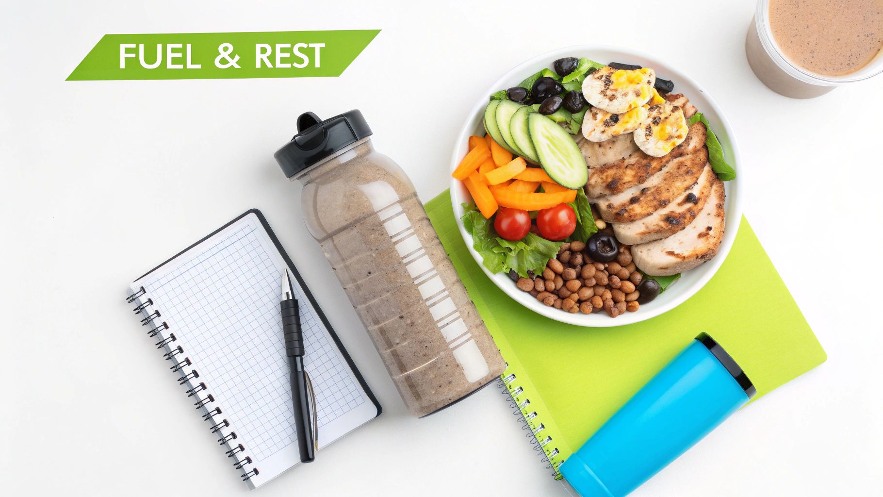 A healthy meal with chicken and salad, smoothie, water bottle, and notebook for 'FUEL & REST'.