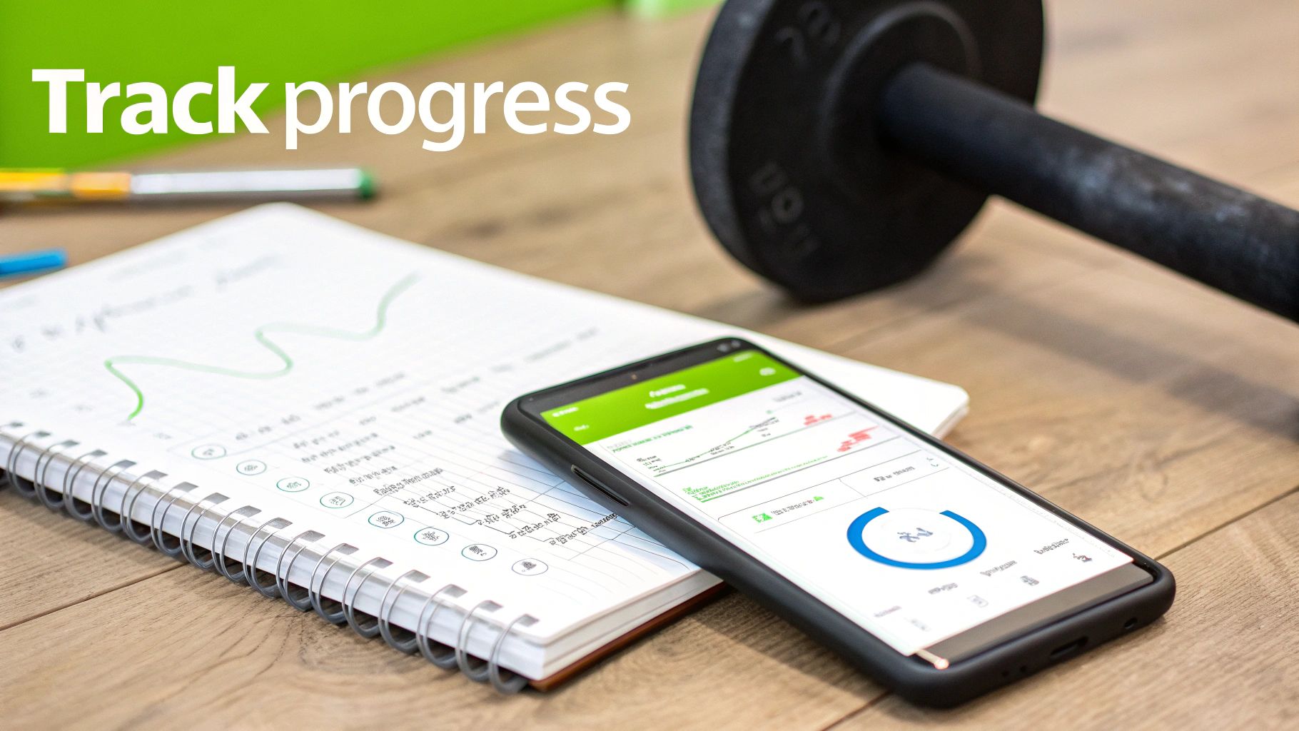 A smartphone displaying a fitness app and a notebook with graphs for tracking workout progress.