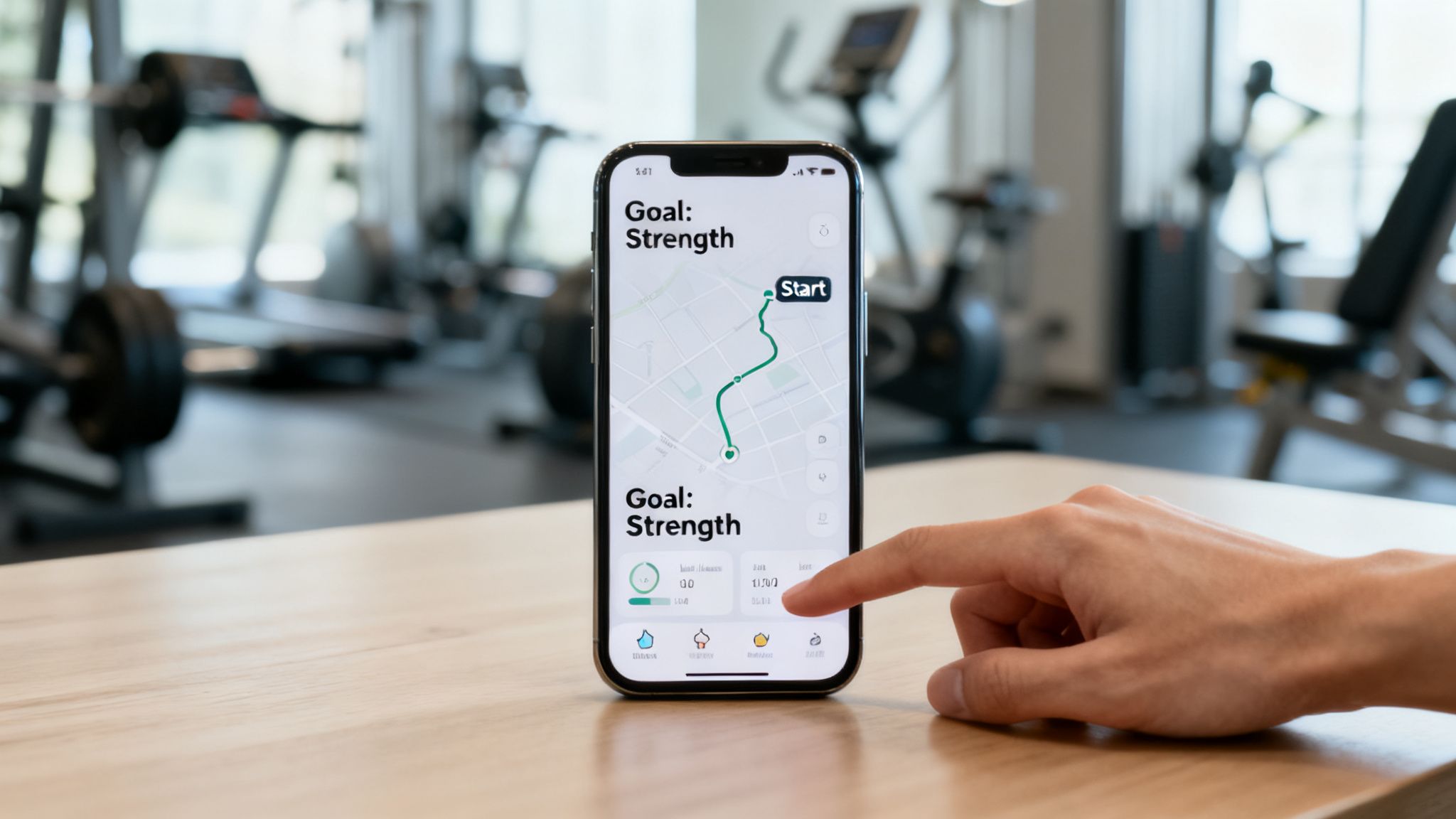 A person's hand interacts with a smartphone displaying a fitness app with a workout goal in a gym.
