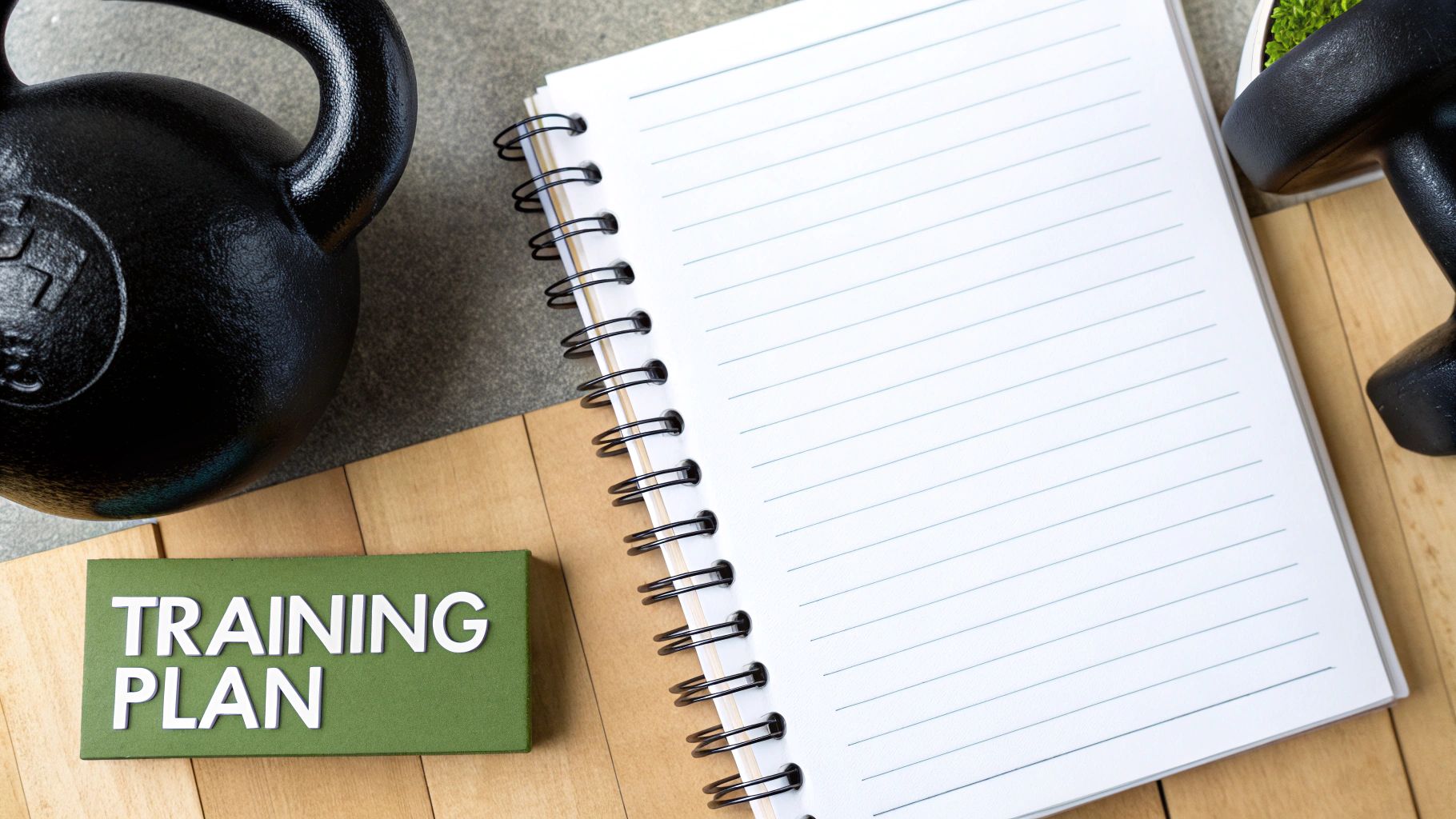 A flat lay showing a kettlebell, a dumbbell, an open spiral notebook, and a green block with "TRAINING PLAN" text.