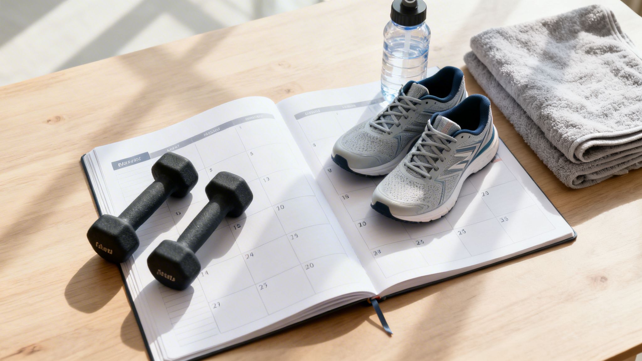 Fitness gear, including dumbbells, running shoes, and a water bottle, on an open calendar on a wooden table.