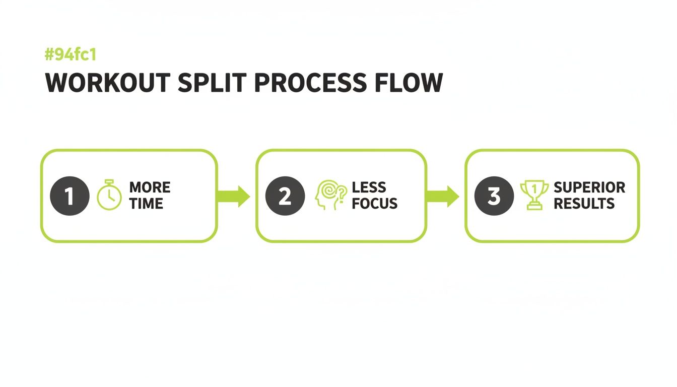Een stroomdiagram van een trainingsschema met drie stappen: Meer tijd, Minder focus, Superieure resultaten.