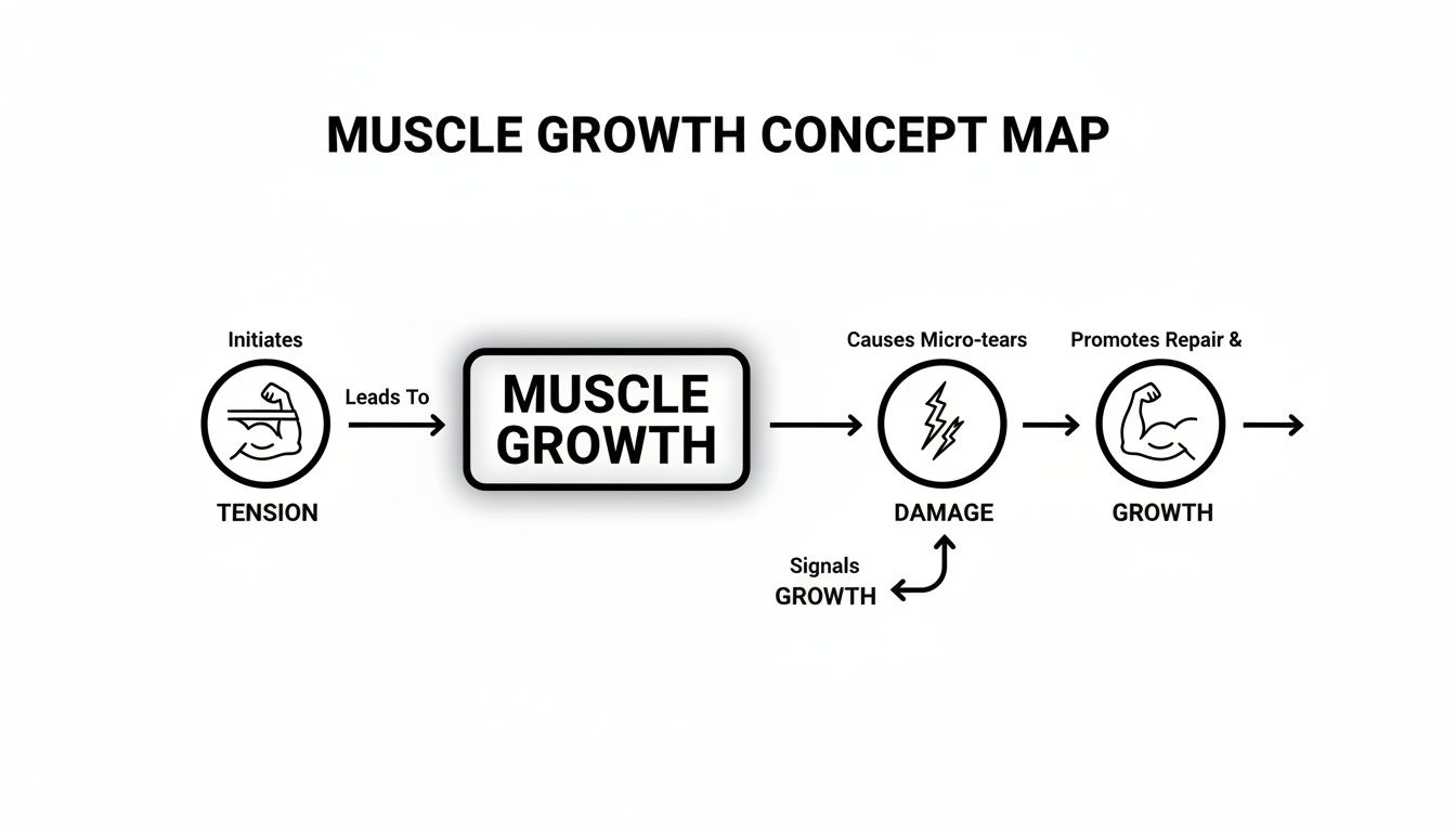 Muscle growth concept map showing how tension leads to muscle growth, causing damage, which signals repair and further growth.