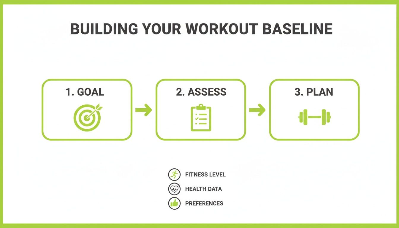 Een stroomdiagram met drie stappen om een basislijn voor training te bouwen: Doel, Beoordelen (fitness, gezondheidsgegevens, voorkeuren) en Plan.