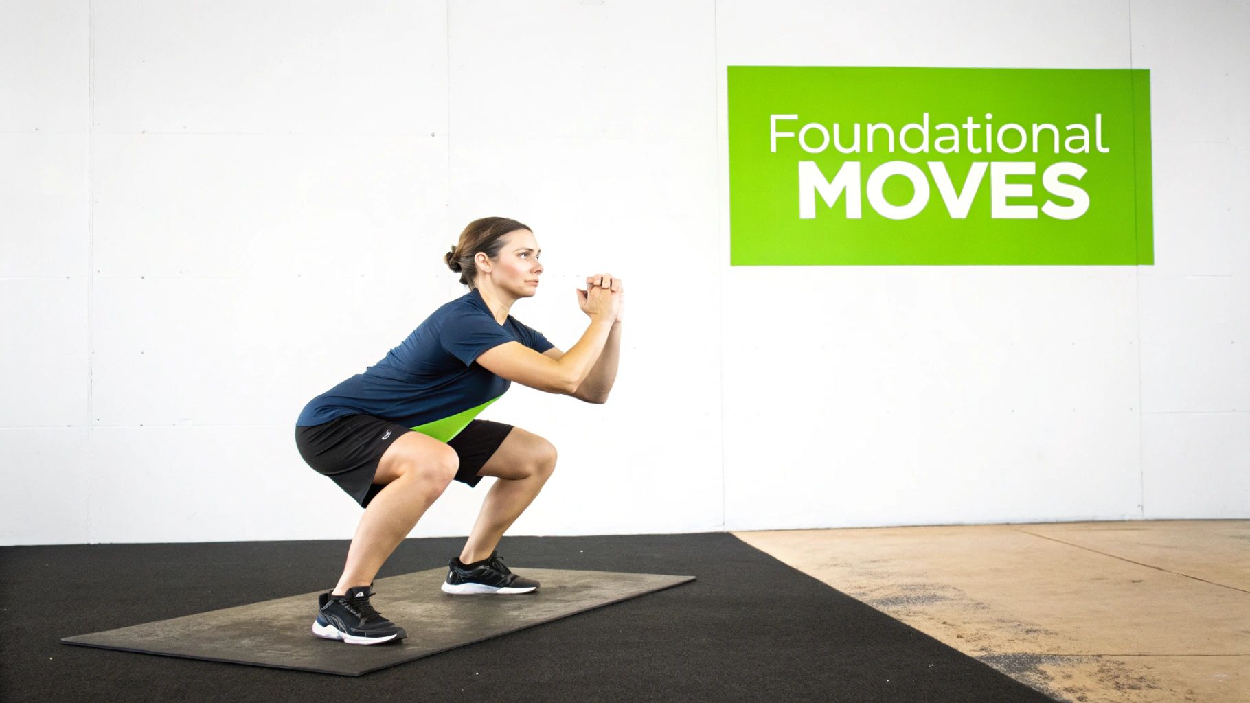 A woman in athletic wear performs a deep squat exercise on a mat in a gym.