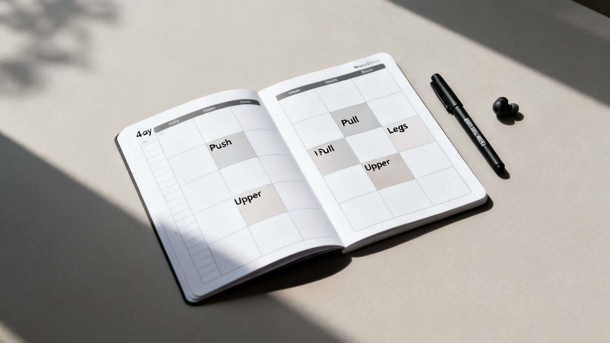 Open fitness planner displaying a workout schedule with 'Push', 'Pull', 'Legs', and 'Upper' days.