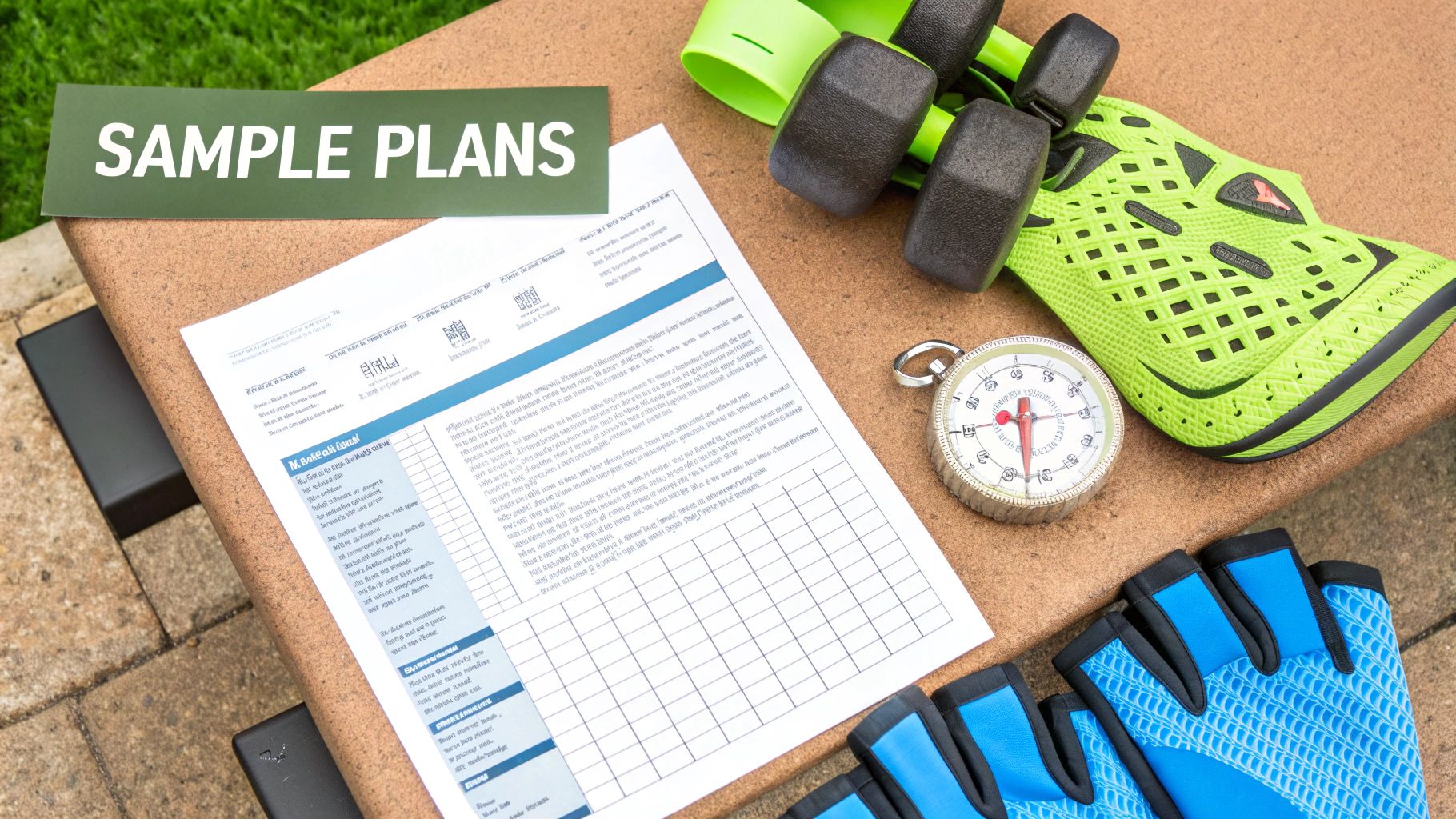 Workout plan document surrounded by dumbbells, a neon green athletic shoe, gloves, and a stopwatch, labeled 'SAMPLE PLANS'.