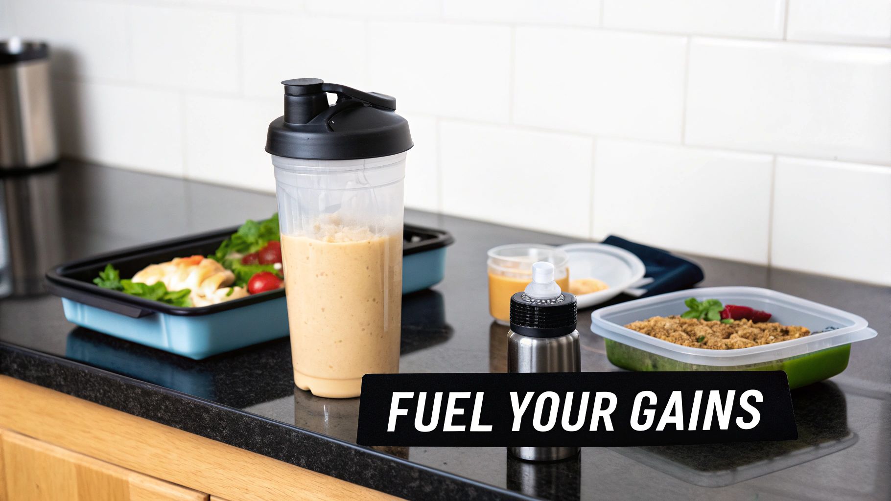 A kitchen counter with meal prep containers, protein shaker, and the text 'Fuel Your Gains'.