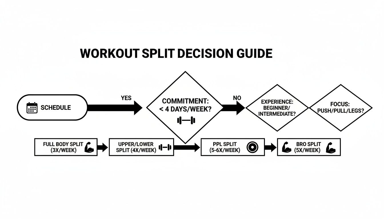 Flowchart guiding workout split decisions based on schedule, commitment, experience, and focus.