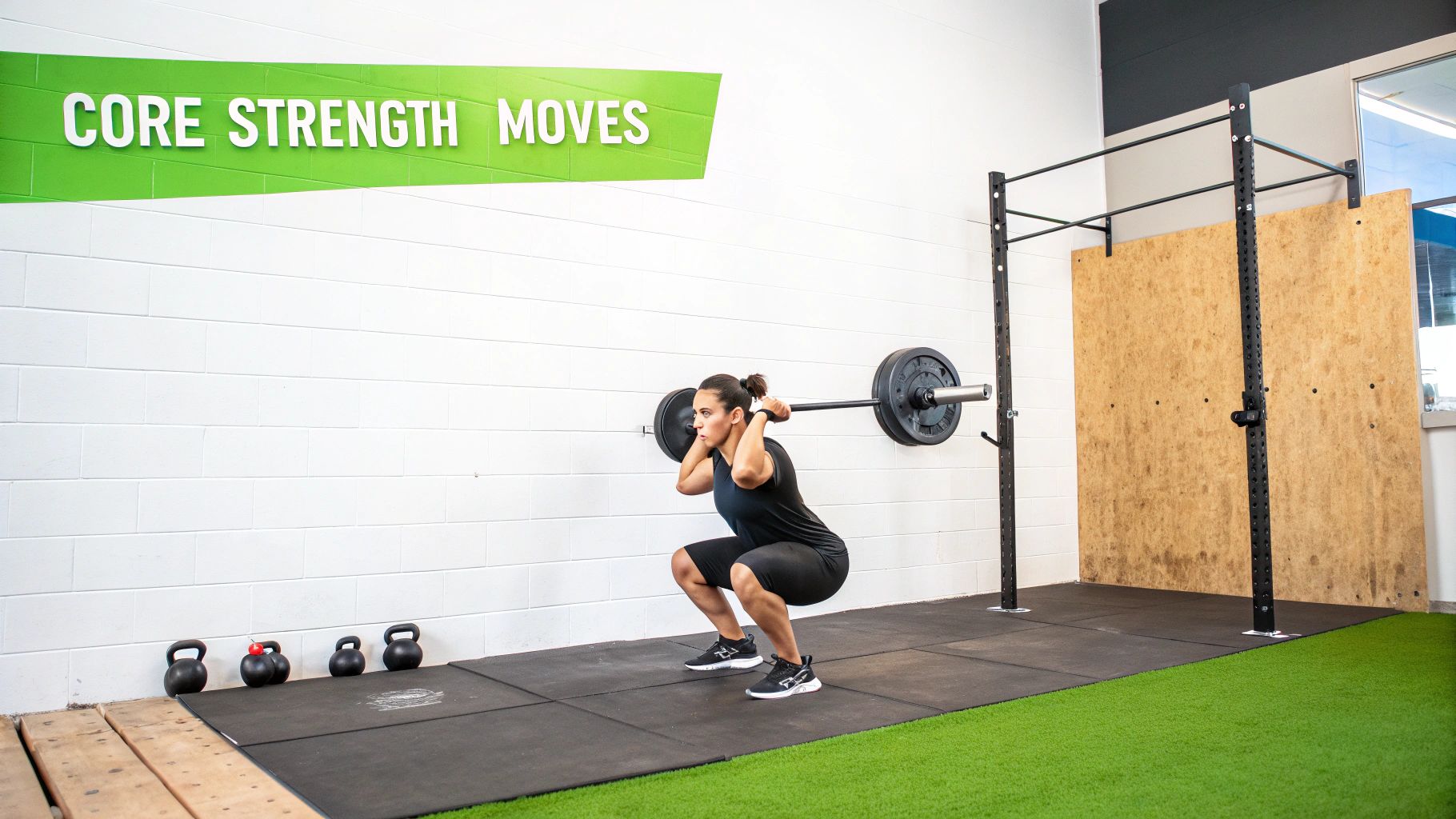 A woman performs a barbell back squat in a gym with kettlebells and a squat rack.