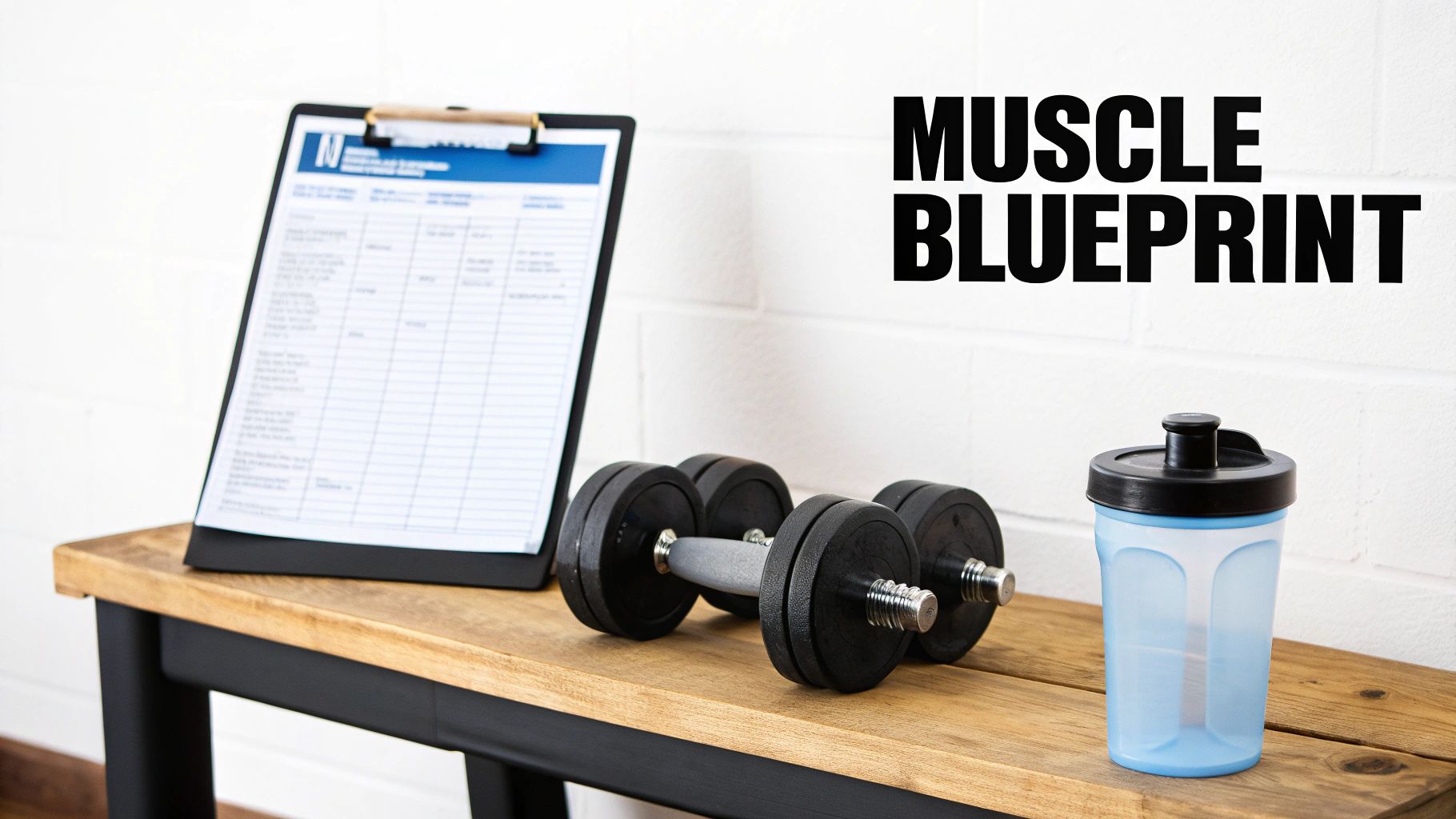 Fitness setup with a workout plan, dumbbells, and protein shaker on a wooden bench.