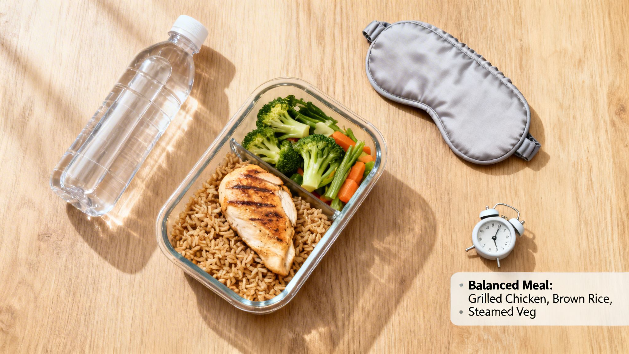 A balanced meal prep container with grilled chicken, brown rice, steamed vegetables, water, and sleep mask.