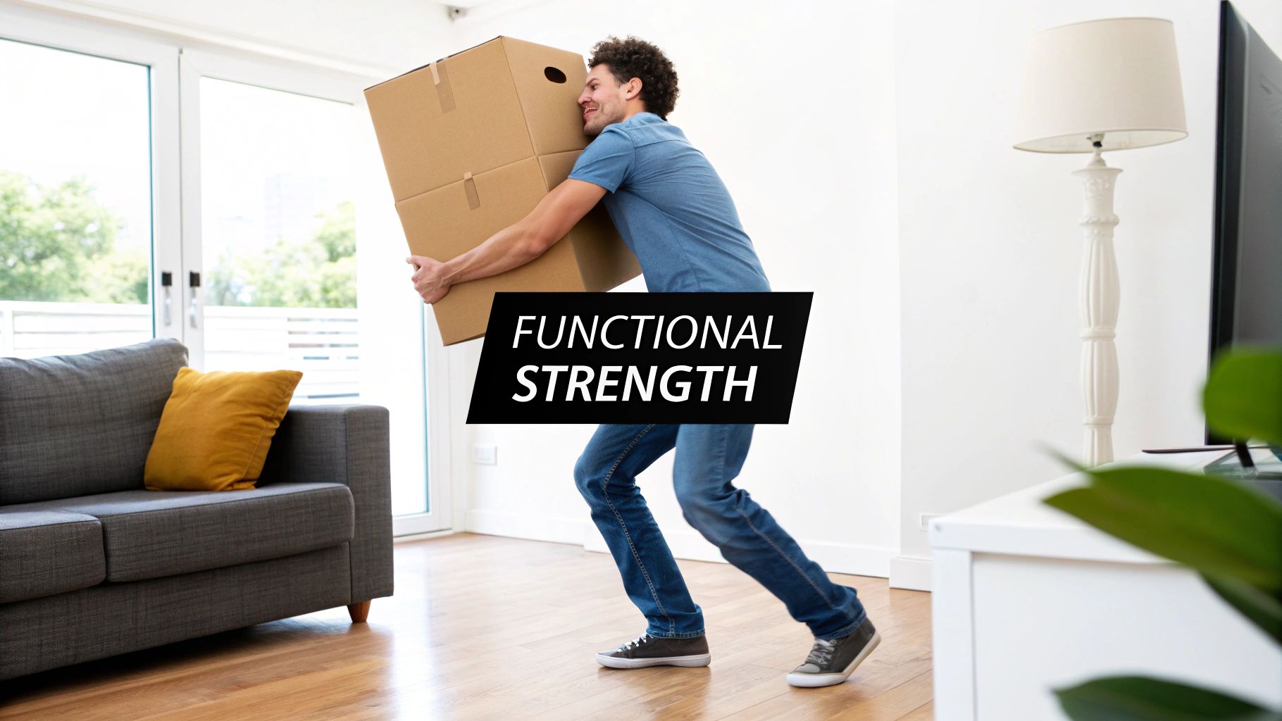 A smiling man with curly hair carrying a large cardboard box across a bright living room.