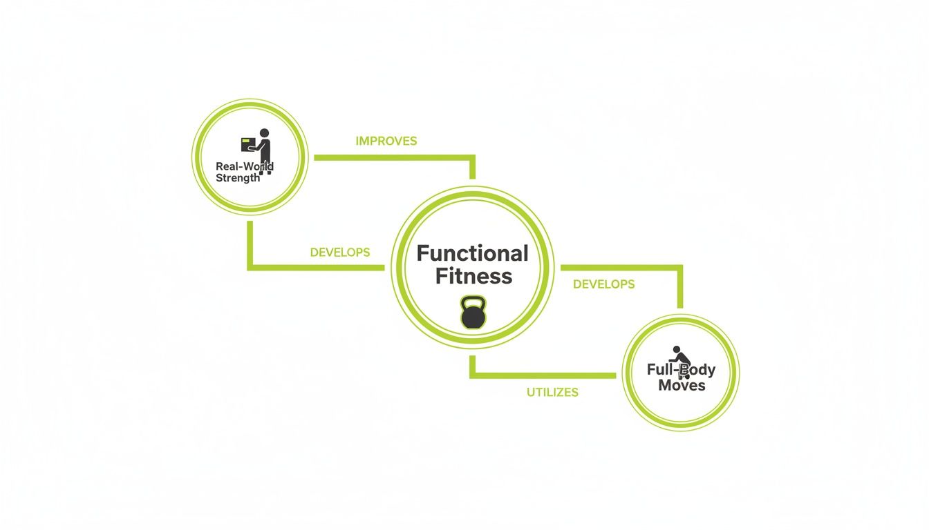 Diagram dat functionele fitness illustreert, waarbij de voordelen van kracht in de echte wereld worden gekoppeld aan full-body bewegingen.