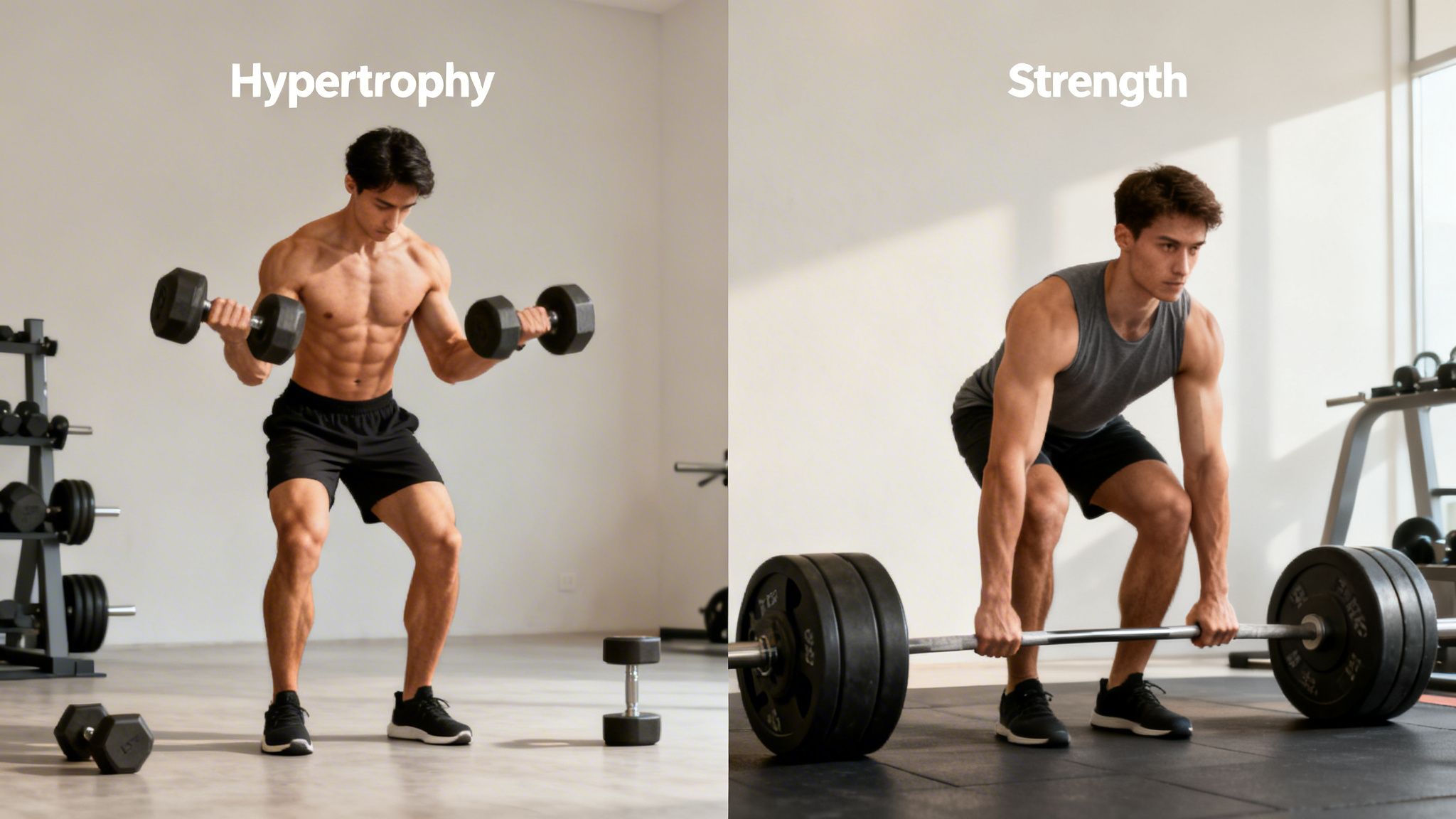 Two men demonstrating hypertrophy bicep curls and strength deadlifts in a gym setting.