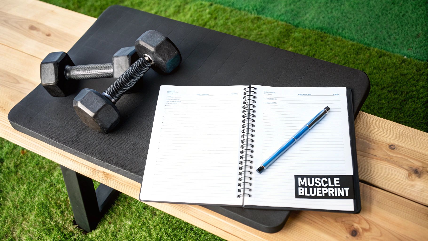 Black dumbbells, an open notebook, and a blue pen on a workout bench, ready for a planned exercise.