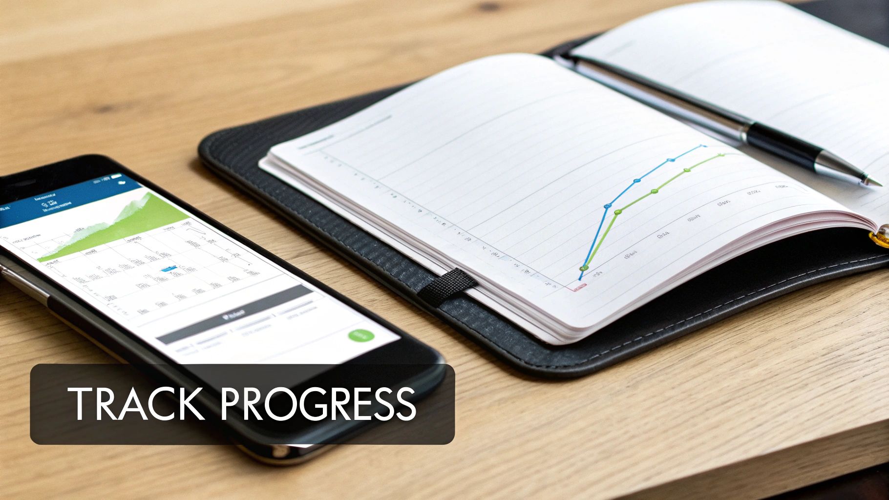 A smartphone and a notebook with charts showing progress on a wooden desk.