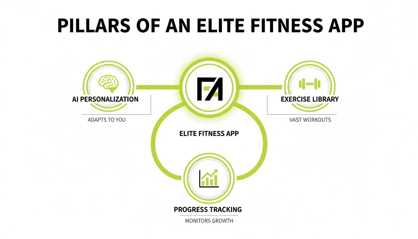 Diagram illustrating the key pillars of an elite fitness app: AI personalization, exercise library, and progress tracking.