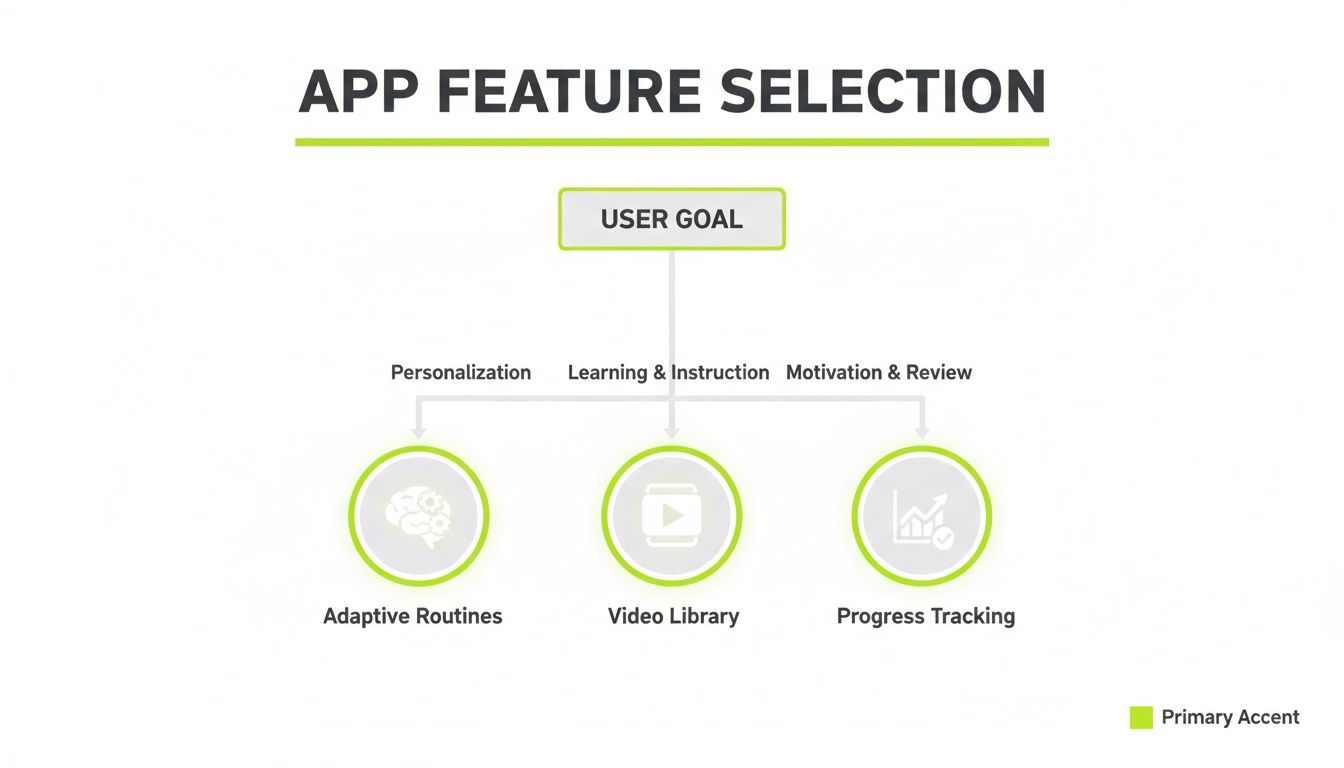 Een stroomdiagram over de selectie van app-functies, waarbij gebruikersdoelen leiden naar personalisatie, leren, motivatie en functies zoals aanpasbare routines, videobibliotheek en voortgangsregistratie.