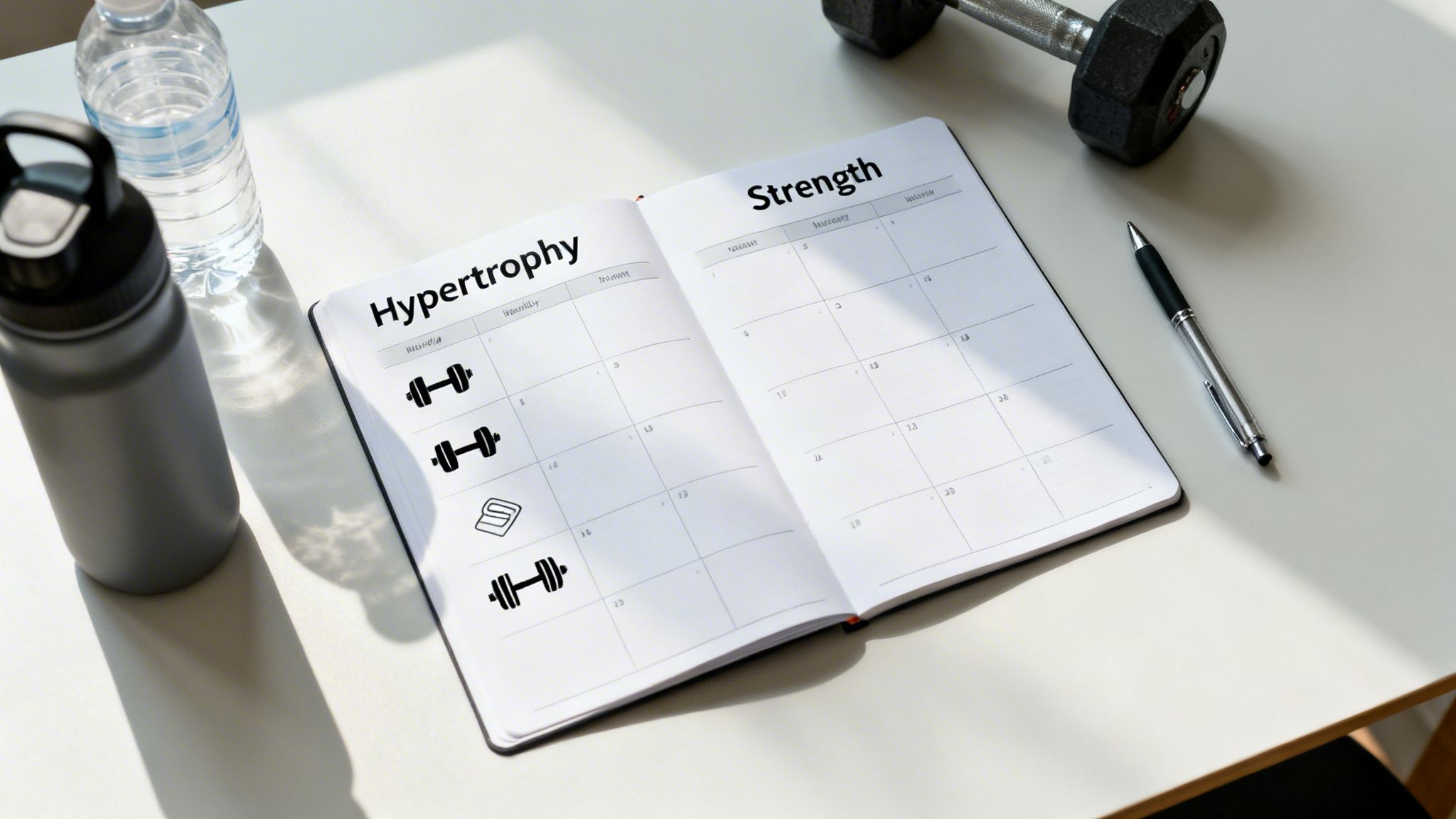 An open fitness planner showing 'Hypertrophy' and 'Strength' training schedules with workout gear.