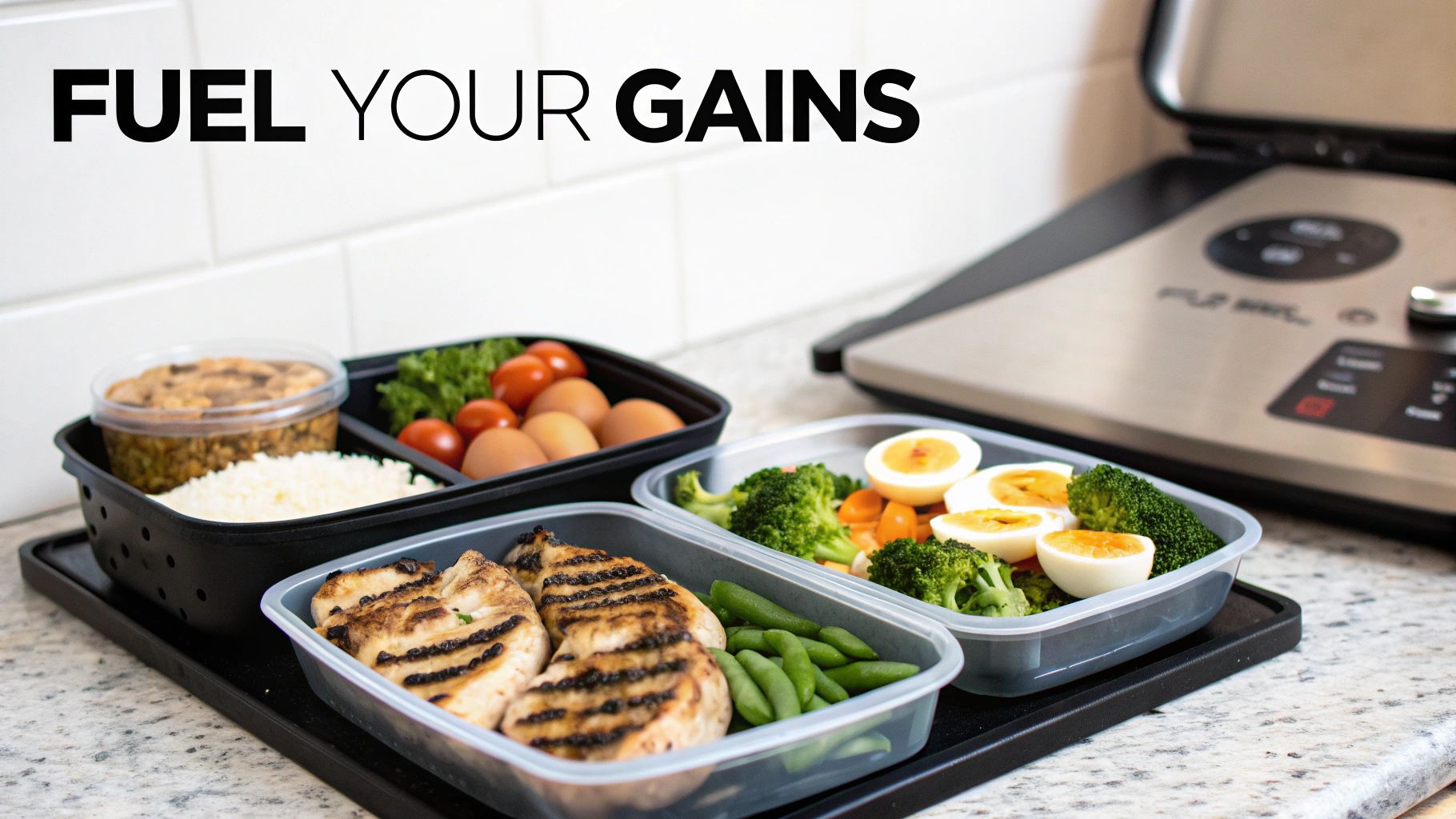 Healthy meal prep containers with grilled chicken, vegetables, rice, eggs, and 'FUEL YOUR GAINS' text.