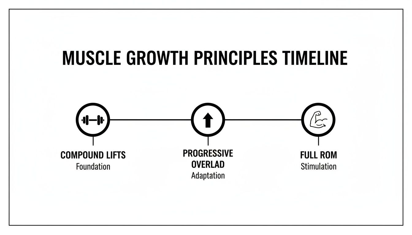 A clear timeline illustrating three key muscle growth principles: compound lifts, progressive overload, and full ROM.