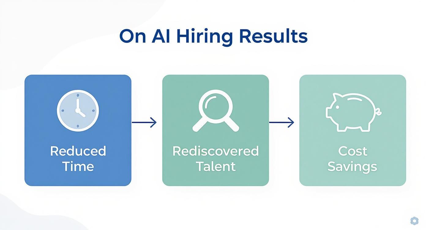 Infographic about ai for recruitment showing icons for reduced time, rediscovered talent, and cost savings.