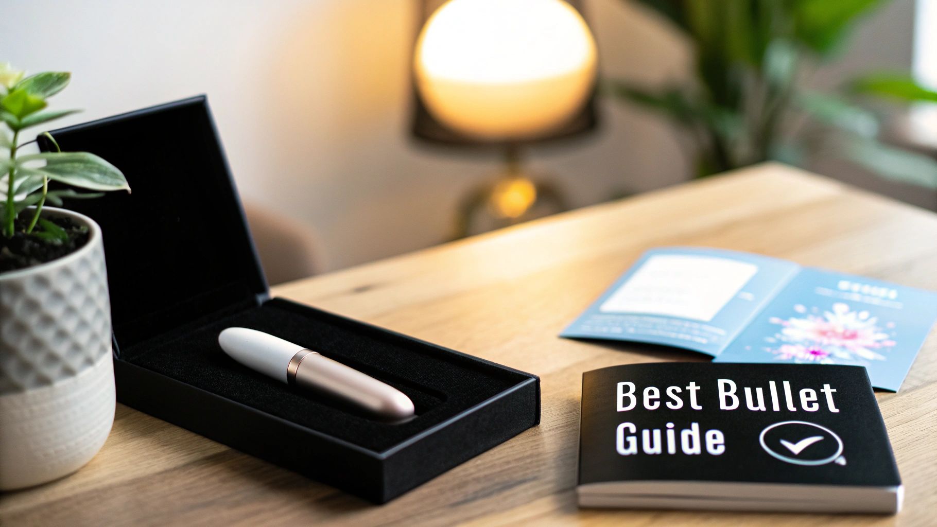 Woman smiling while looking at her phone, possibly browsing for a bullet vibrator