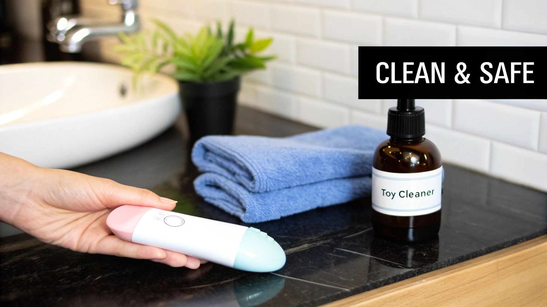 A person washing a purple bullet vibrator under a running tap with soapy water
