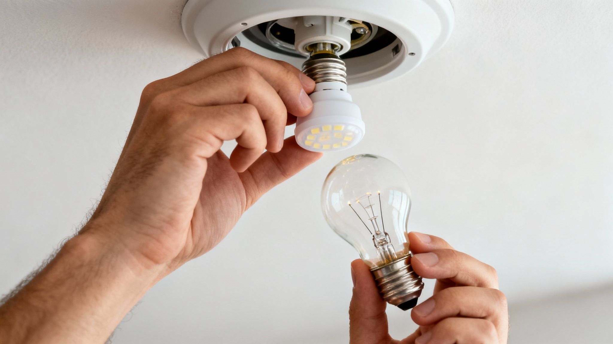 Hands replacing an old incandescent light bulb with a new energy-efficient LED bulb in a ceiling fixture.