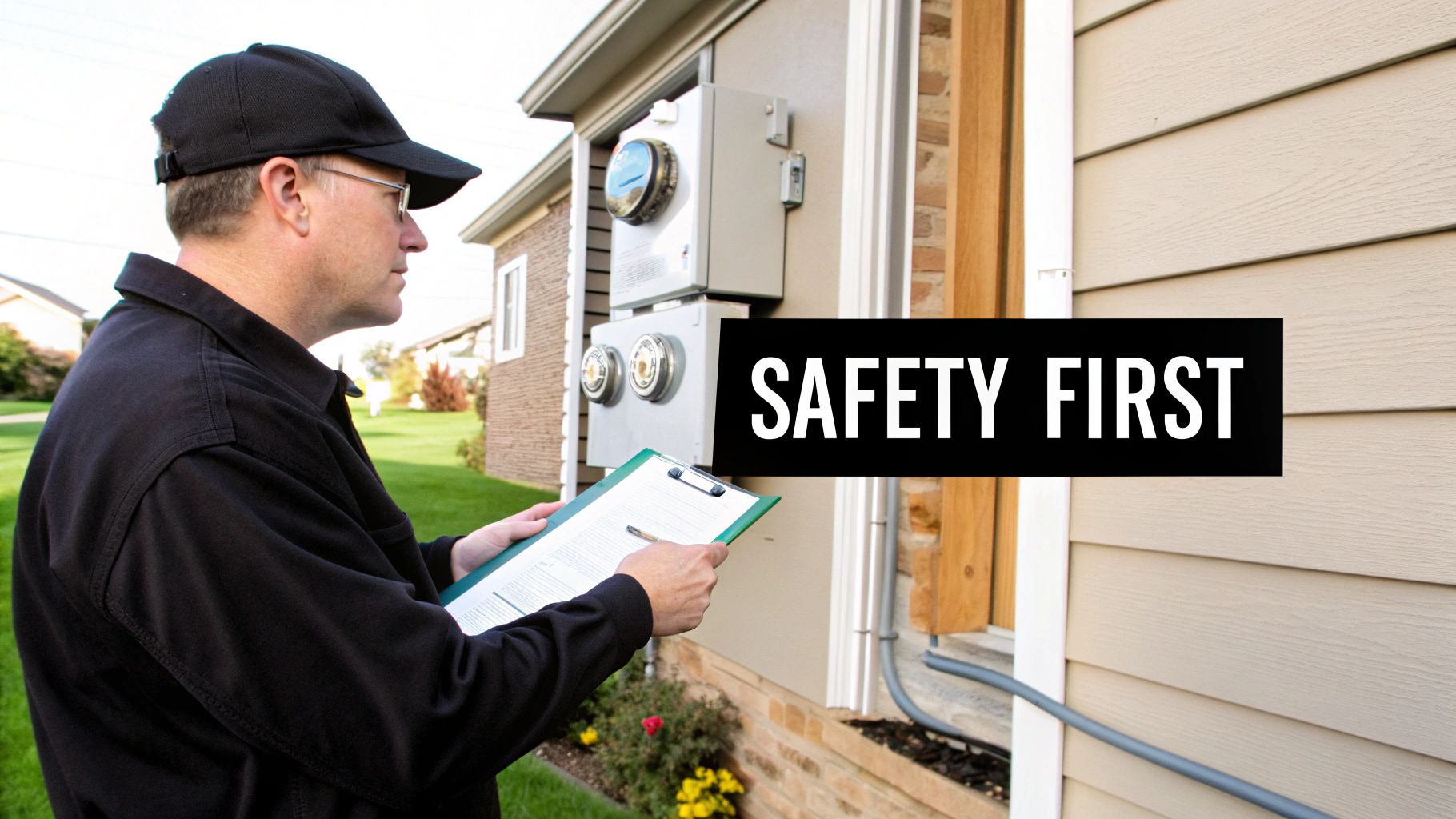 An electrical contractor in a black uniform inspects utility meters on a house, holding a clipboard and pen, with 'SAFETY FIRST' text.