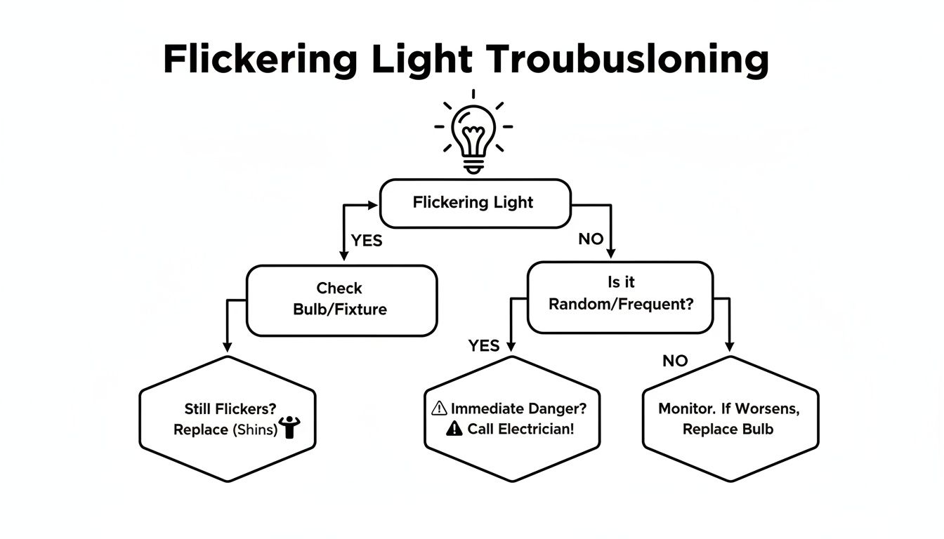 A flowchart guides troubleshooting for flickering lights, covering bulb checks, frequency, and when to call an electrician.