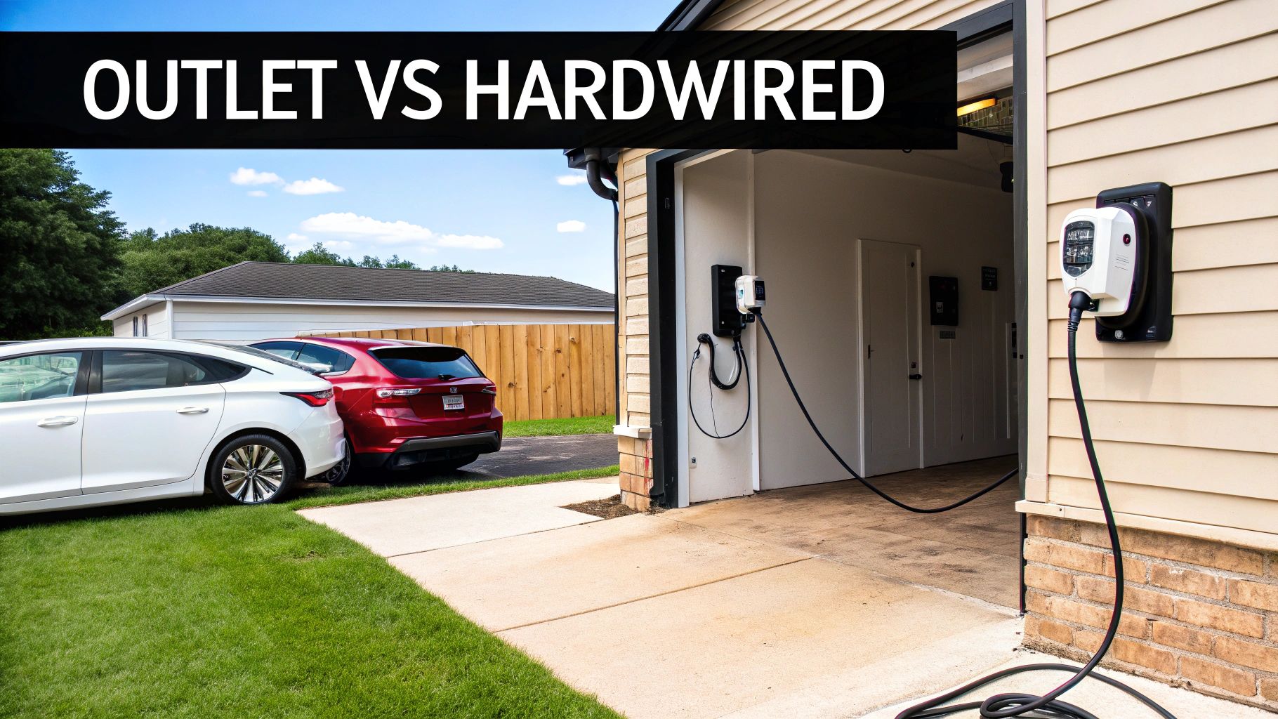 EV charging stations, one hardwired outside a home, illustrating outlet versus hardwired installations.
