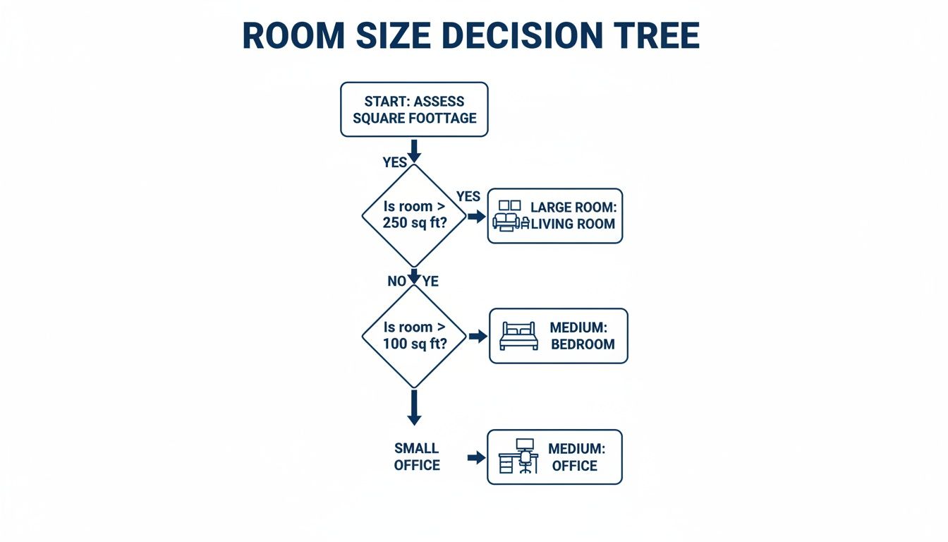 A decision tree flow chart categorizing room types based on square footage, from start to office.