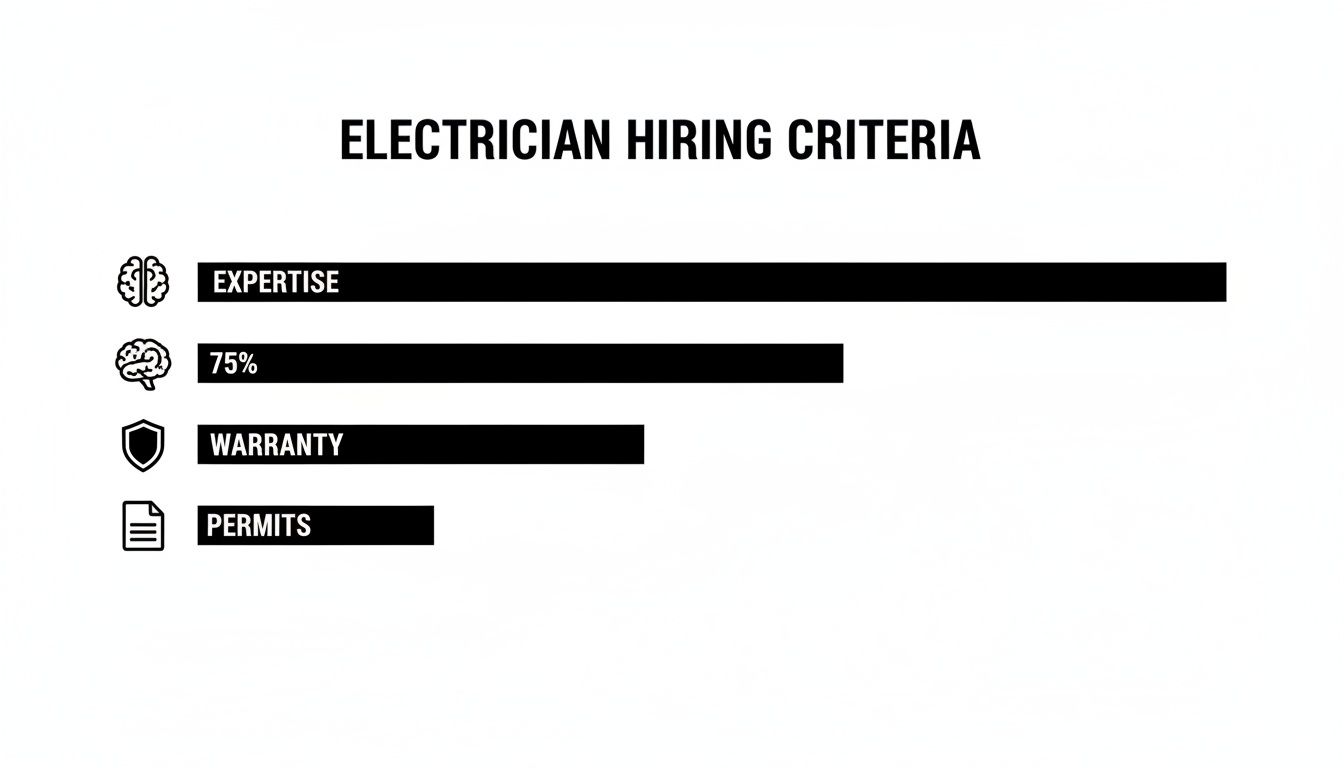 Bar chart outlining electrician hiring criteria with bars representing expertise, 75%, warranty, and permits.
