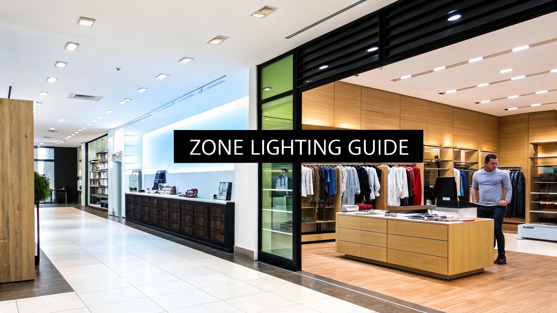 Modern retail store interior showcasing various zone lighting techniques, with clothes displays and a man.